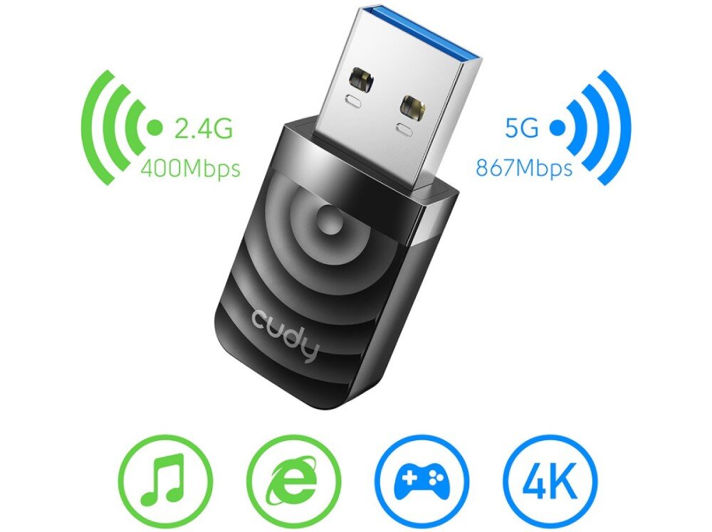 Karta sieciowa CUDY WU1300S Adapter USB przedstawiony z ikonami przedstawiającymi prędkości transferu dla pasm 2.4G i 5G oraz symbolami muzyki, przeglądarki internetowej, gier i obrazu 4K, Wi-Fi, pasma, prędkość