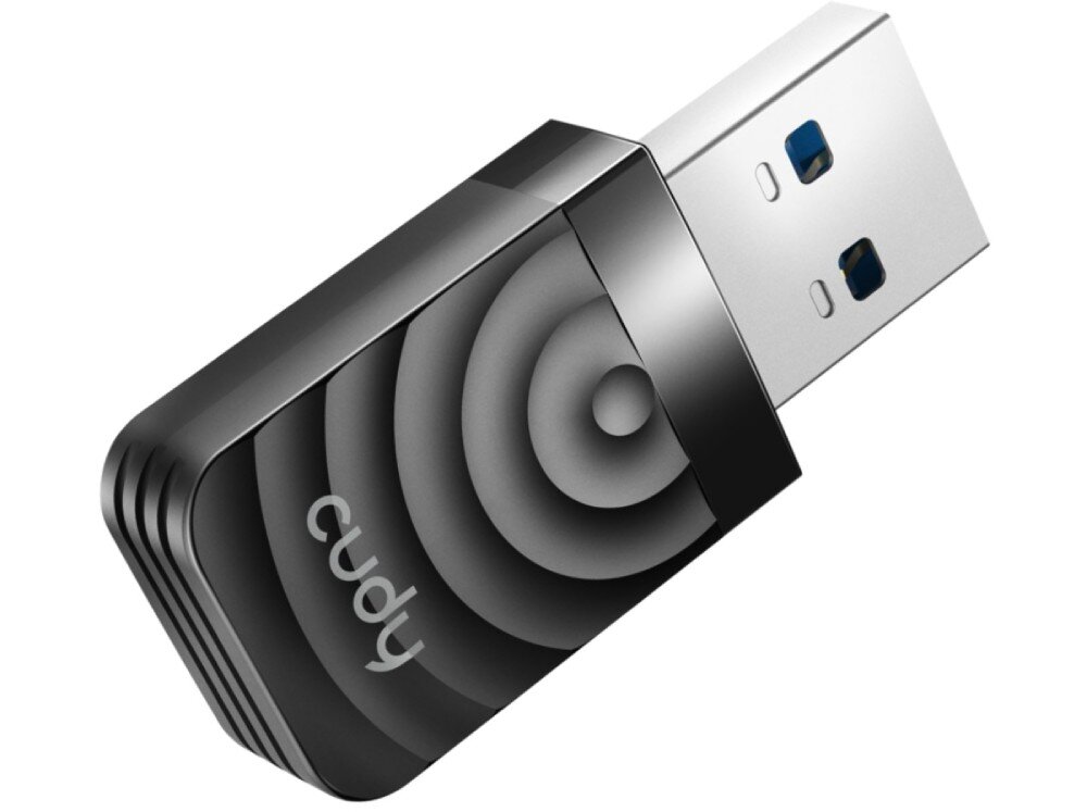 Karta sieciowa CUDY WU1300S Zbliżenie na czarno-srebrny adapter USB z pierścieniowym wzorem na obudowie i logo producenta, sygnał, szyfrowanie