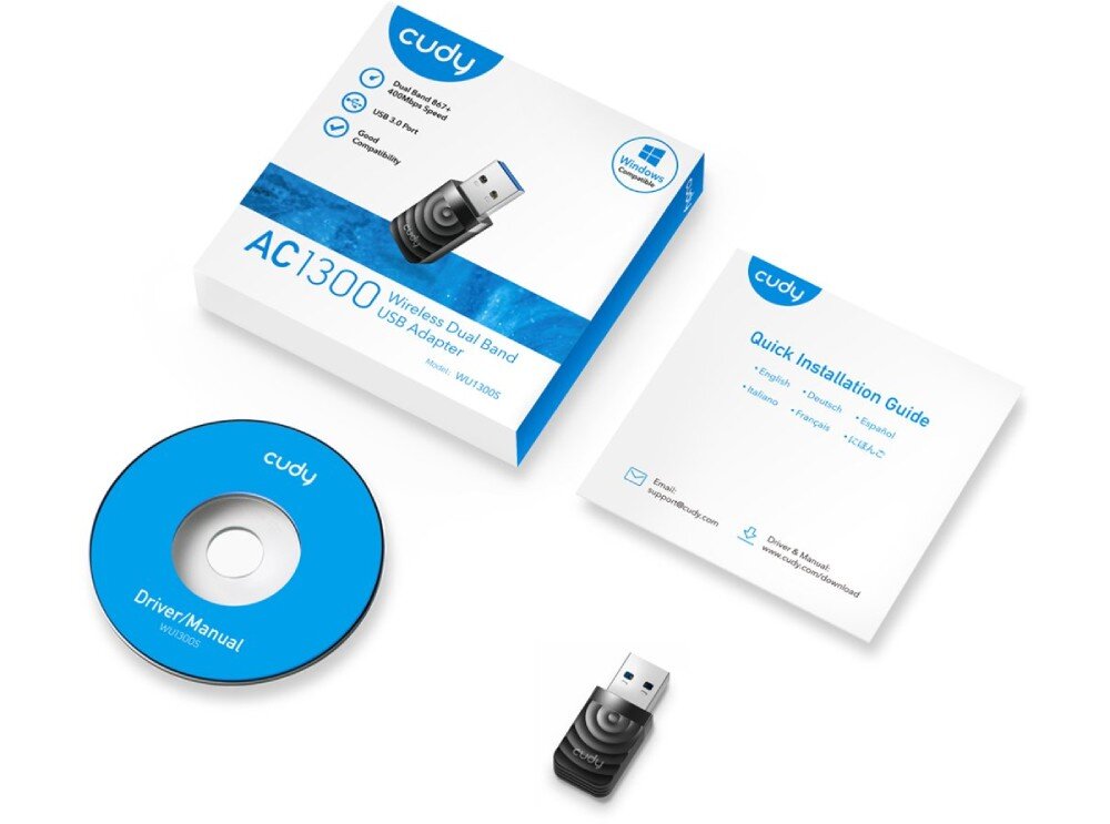 Karta sieciowa CUDY WU1300S Zestaw zawierający adapter USB, płytę ze sterownikami, instrukcję szybkiej instalacji oraz opakowanie produktu z widocznymi podstawowymi informacjami technicznymi, opakowanie, zestaw