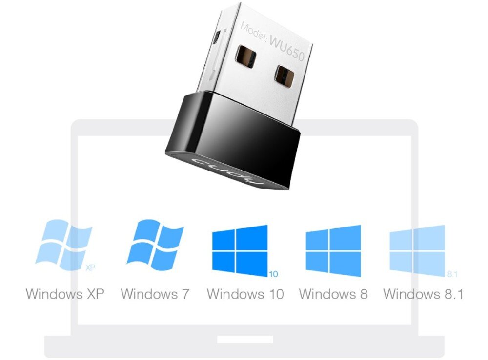 Karta sieciowa CUDY WU650 Adapter USB unosi się nad grafiką przedstawiającą ekran z ikonami systemów Windows XP, 7, 10, 8 i 8.1, standard, kompatybilność, systemy