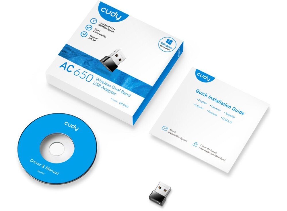 Karta sieciowa CUDY WU650 Zestaw zawierający adapter USB, płytę ze sterownikami, instrukcję szybkiej instalacji oraz opakowanie produktu z oznaczeniem AC 650 i nazwą modelu, opakowanie, zestaw