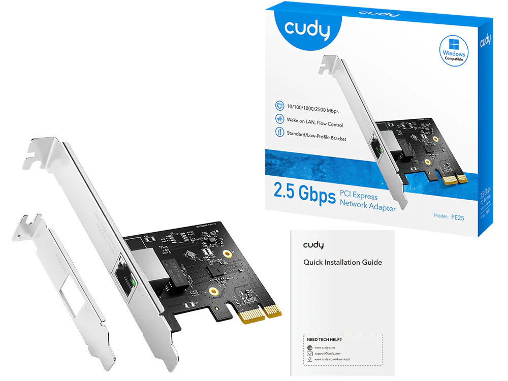 Karta sieciowa CUDY PE25 Karta sieciowa Cudy PE25 2.5 Gbps PCI Express Network Adapter wraz z opakowaniem i instrukcją Quick Installation Guide. Obok pełnowymiarowego śledzia leży dodatkowy, niskoprofilowy śledź montażowy. Na pudełku wyszczególniono główne funkcje 