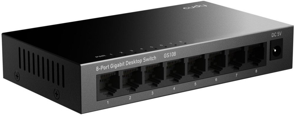 Switch CUDY GS108 Widok przełącznika sieciowego z ośmioma portami Ethernet, oznaczeniem modelu, wskaźnikami LED i gniazdem zasilania po prawej stronie obudowy, opis
