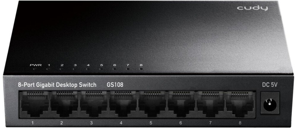 Switch CUDY GS108 Widok z przodu przełącznika z ośmioma portami Ethernet. Nad każdym portem znajduje się miejsce na diodę sygnalizacyjną, po prawej stronie widoczne gniazdo zasilania, podłączenie, technologia