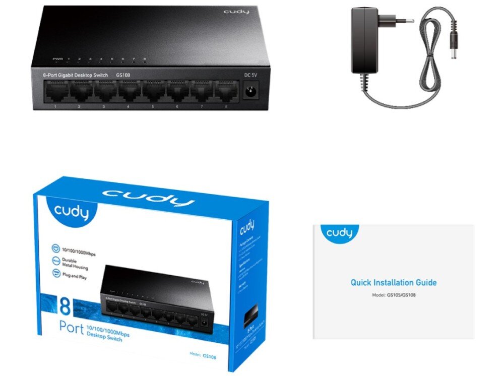 Switch CUDY GS108 Zestaw składający się z przełącznika z ośmioma portami, zasilacza, instrukcji oraz opakowania