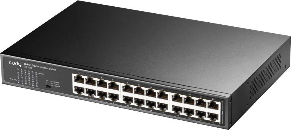 Switch CUDY GS1024 Czarny przełącznik sieciowy z metalową obudową, widoczny od frontu, technologie, automatyczne uczenie się adresów