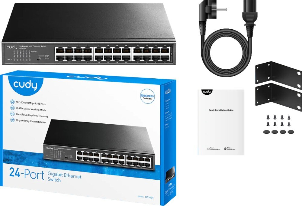 Switch CUDY GS1024 Zestaw sprzedażowy zawierający przełącznik sieciowy, kabel zasilający, uchwyty montażowe, śruby oraz instrukcję instalacji