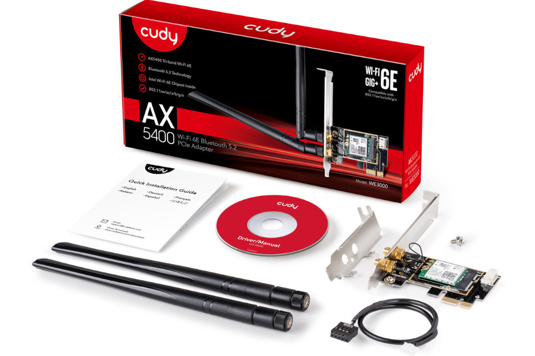 Karta sieciowa CUDY WE3000 Wi-Fi6 pasma kabel anteny prędkość Bluetooth intel płynność WAP3 szyfrowanie bezpieczeństwo