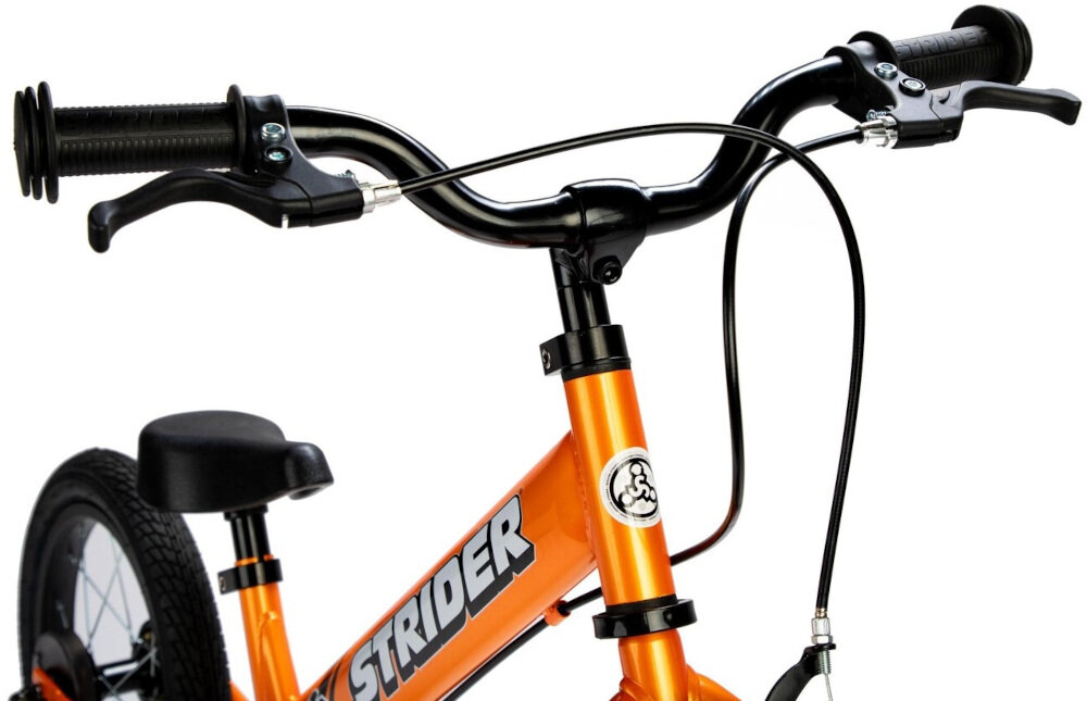 Rowerek biegowy STRIDER 14x Sport Pomarańczowy hamulce przedni hamulec szczękowy tylny hamulce taśmowy manetki regulowana kierownica w zakresie 61-69 cm standardowe uchwyty zabezpieczają ręce przed ześlizgnięciem się na boki