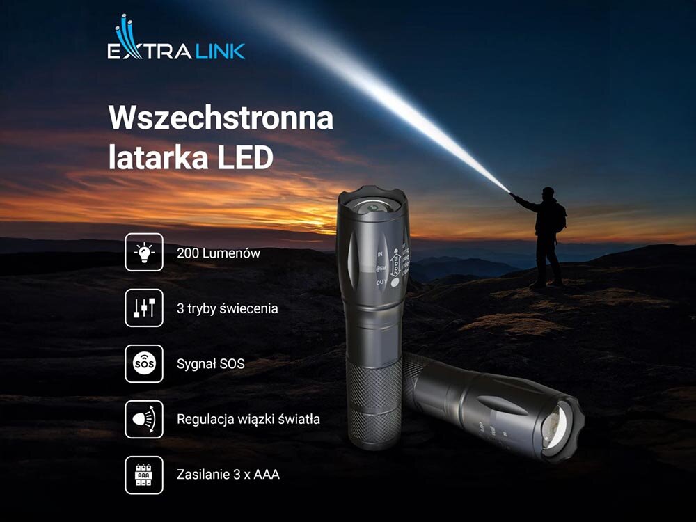 Latarka EXTRALINK EFL-1008, latarka, LED, 200lm, przenośna, Latarka LED Extralink 200 lumenów z SOS.