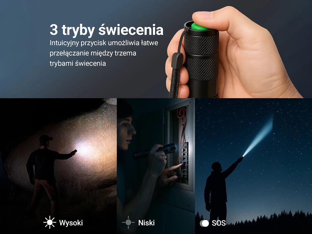 Latarka EXTRALINK EFL-1008, tryby, stroboskop, SOS, przycisk, Latarka LED z 3 trybami świecenia w użyciu.
