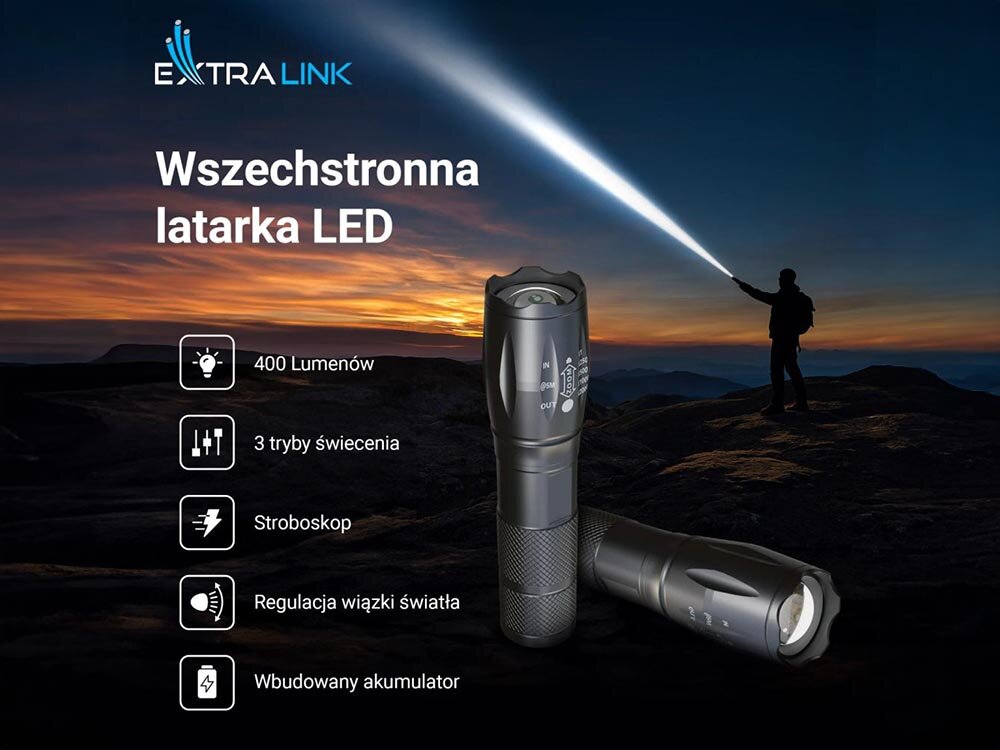 Latarka EXTRALINK EFL-1031, taktyczna, 400lm, akumulator, zoom, Latarka LED w użyciu do oświetlania w nocy.