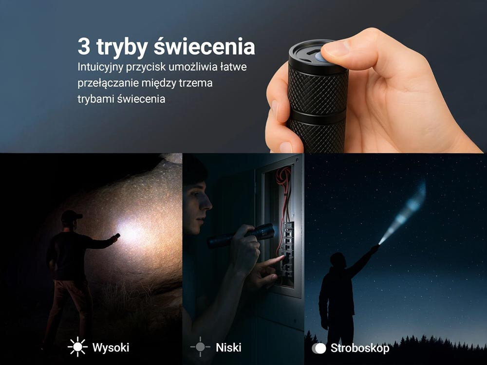 Latarka EXTRALINK EFL-1031, tryby, wysoki, SOS, przycisk, Latarka LED z trzema trybami świecenia: wysoki, niski, sos.