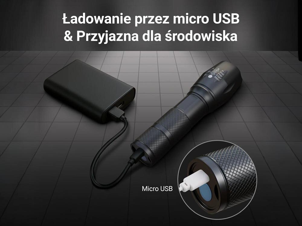 Latarka EXTRALINK EFL-1031, akumulator, microUSB, 1200mAh, 4h, Ładowanie latarki przez micro USB z powerbankiem.