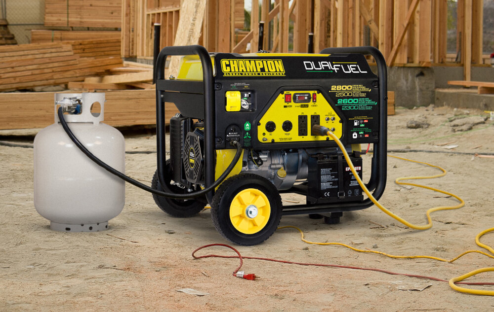 Agregat prądotwórczy CHAMPION CPG3500E2-DF-EU dziala na paliwo i propan zbiornik paliwa 15 litrow wieksza elastycznosc mozliwosc przedluzenia czasu pracy generatora