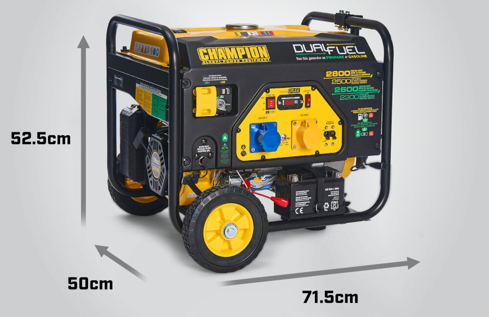 Agregat prądotwórczy CHAMPION CPG3500E2-DF-EU niewielkie wymiary 715 x 500 x 525 mm waga 55 kg