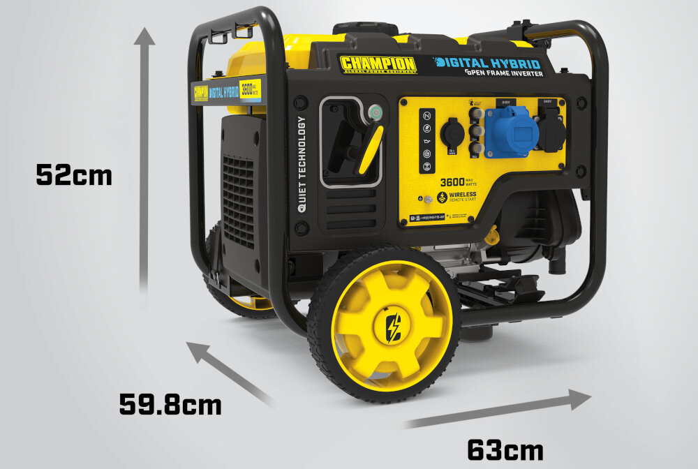 Agregat prądotwórczy CHAMPION CPG4000DHY-EU zasilanie elektryczne hybrydowy niezawodne zasilanie wymiary 598 x 630 x 520 mm