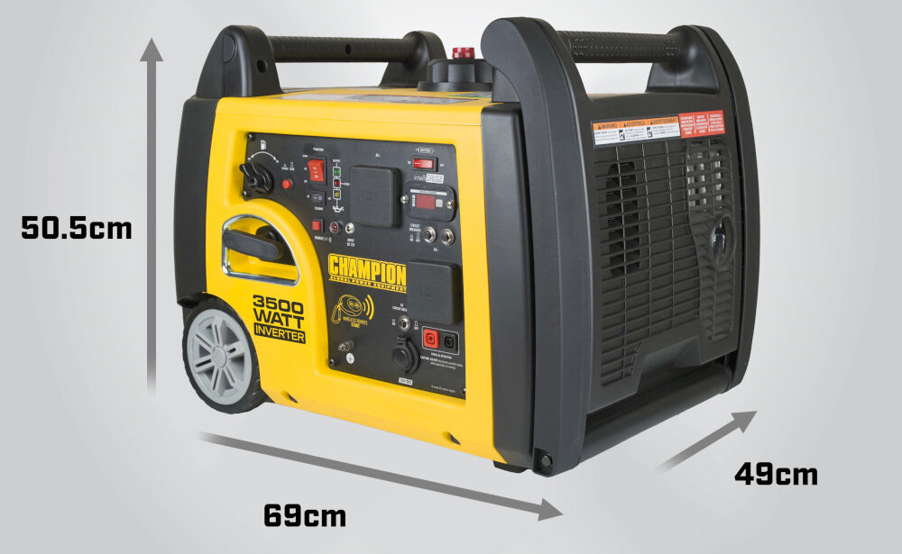 Agregat prądotwórczy CHAMPION 73001I-P-EU silnik benzynowy OHV Champion pojemnosc 192 cm3 zaawansowany technologicznie moc do 3500 W niewielkei rozmiary 635 x 490 x 505 mm niska waga 43 kg do domu w terenie inteligentny woltomierz 3 w 1 monitoowanie napiecia i mocy