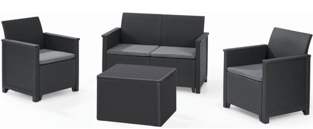 Zestaw mebli ogrodowych KETER Elodie 17211877 Grafitowy stolik kawowy podwójna sofa dwa fotele w ponadczasowym stylu