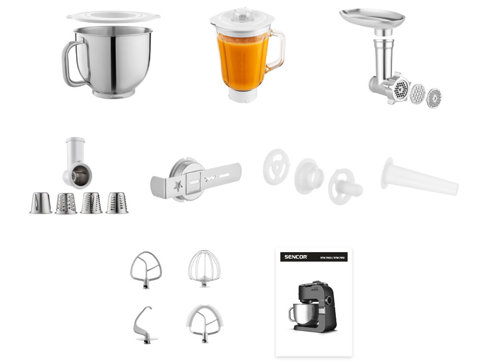 Robot kuchenny planetarny SENCOR STM 7910 1500W z blenderem kielichowym, maszynką do mięsa i młynkiem do kawy zestaw akcesoria komplet wyposażenie