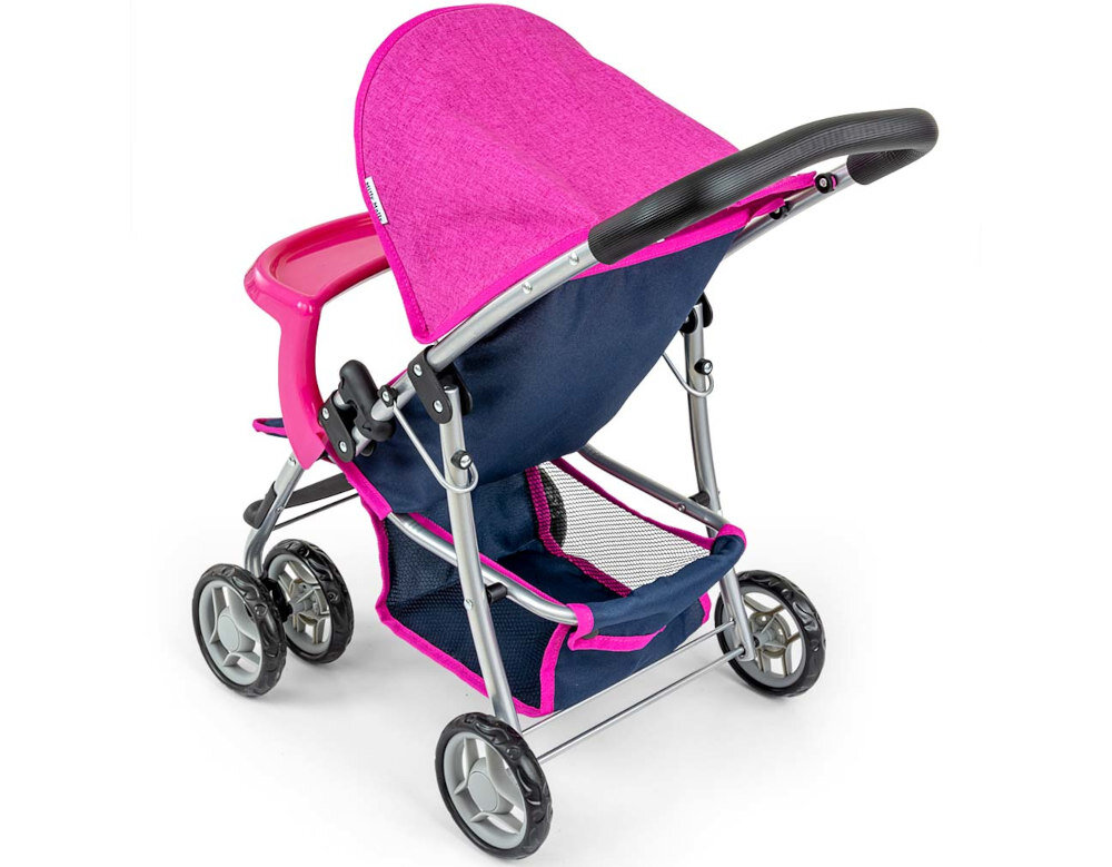 Wózek MILLY MALLY Navy Kate Prestige z wysokiej jakości materiałów z metalu materiałowa obudowa z poliestru wzór w kolorowe serduszka biały stelaż z niebieskimi kółkami uchwyt pokryty pianką