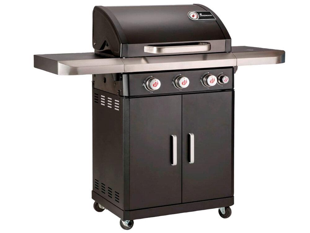 Grill gazowy LANDMANN Rexon PTS 3.1 12273 Czarny nowoczesny stylowy grill żeliwny ruszt utrzymuje odpowiednią temperaturę i natłuszczenie dań prosta solidna konstrukcja szereg przemyślanych rozwiązań