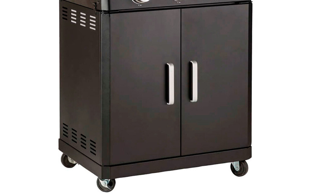 Grill gazowy LANDMANN Rexon PTS 3.1 12273 Czarny zamykana szafka na dole konstrukcji miejsce na butlę gazową komfortowe praktyczne urządzenie cztery wytrzymałe koła ułatwiają przemieszczanie grilla po ogrodzie