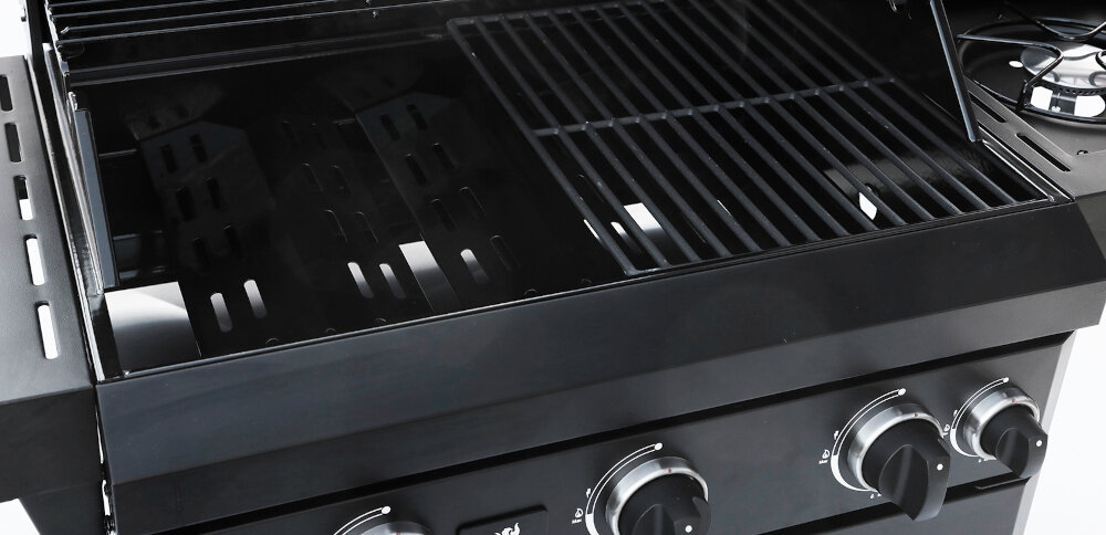 Grill gazowy LANDMANN Rexon New 3.1 01576 Czarny 3 niezależne tubowe palniki główne ze stali nierdzewnej zintegrowany w pokrętle piezozapalacz osobny dla każdego pokrętła moc do 13,95 kW
