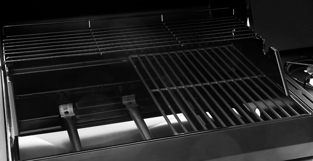 Grill gazowy LANDMANN Rexon New 3.1 01576 Czarny dwa ruszty główny do podgrzewania żeliwny modularny ruszt grillowy stalowy emaliowany ruszt do podgrzewania łącznie 2600 cm2 powierzchni dla około 12 osób