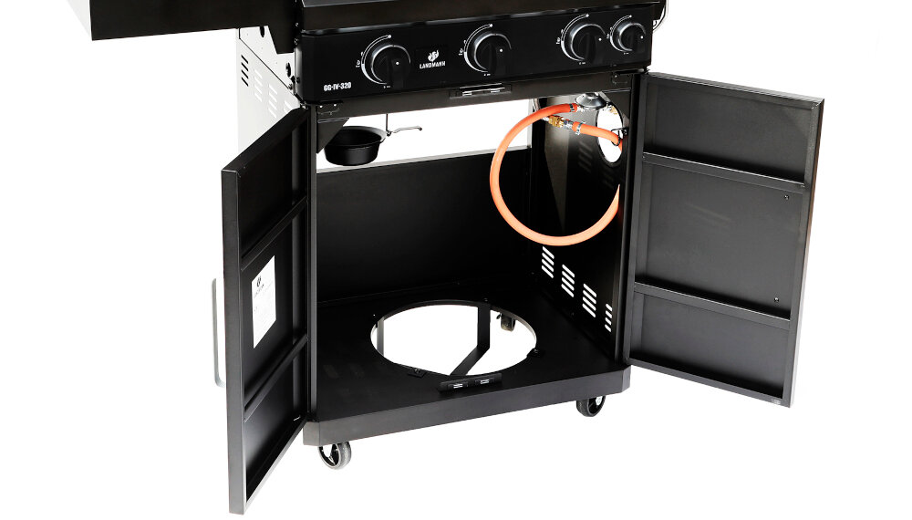 Grill gazowy LANDMANN Rexon New 3.1 01576 Czarny zamykana szafka na dole konstrukcji miejsce na butlę gazową komfortowe praktyczne urządzenie cztery wytrzymałe koła ułatwiają przemieszczanie grilla po ogrodzie