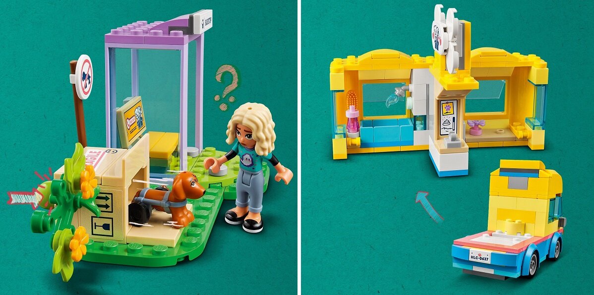 LEGO Friends Furgonetka ratunkowa dla psów 41741 dziecko kreatywność zabawa nauka rozwój klocki figurki minifigurki jakość tradycja konstrukcja nauka wyobraźnia role jakość bezpieczeństwo wyobraźnia budowanie pasja hobby funkcje instrukcje pies stół szczota mydło śmietnik kupa woda jedzenie