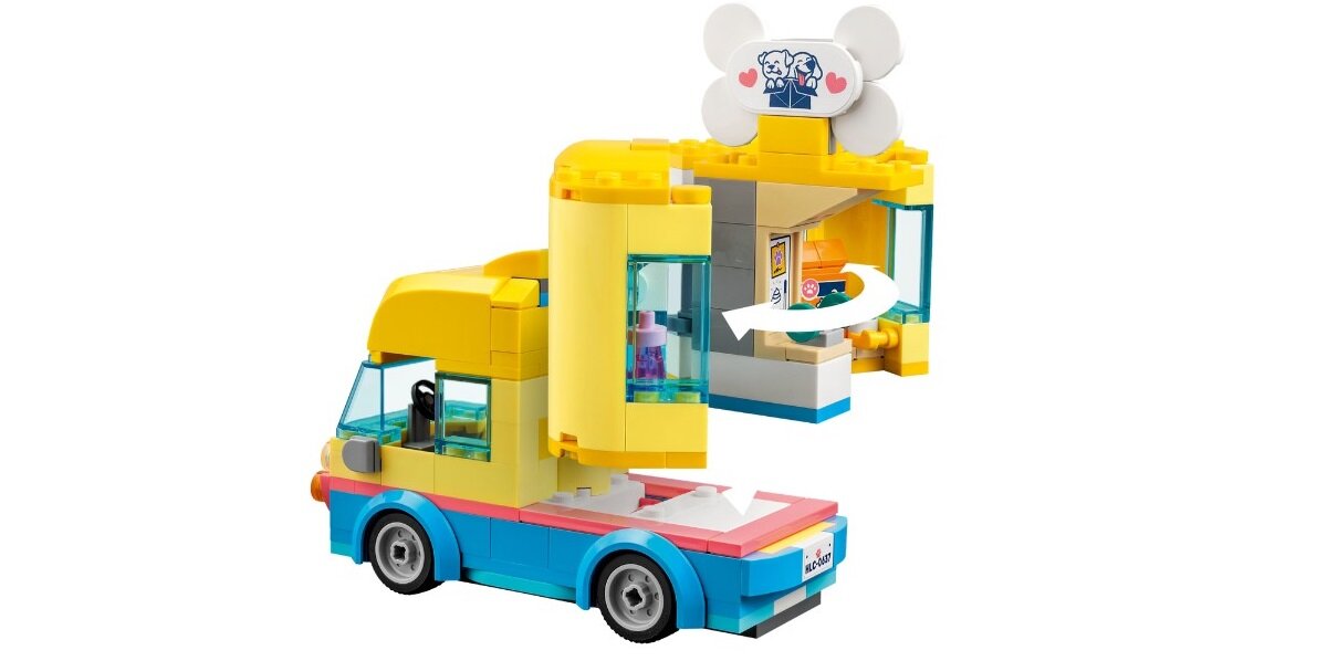 LEGO Friends Furgonetka ratunkowa dla psów 41741 dziecko kreatywność zabawa nauka rozwój klocki figurki minifigurki jakość tradycja konstrukcja nauka wyobraźnia role jakość bezpieczeństwo wyobraźnia budowanie pasja hobby funkcje instrukcje pies stół szczota mydło śmietnik kupa woda jedzenie