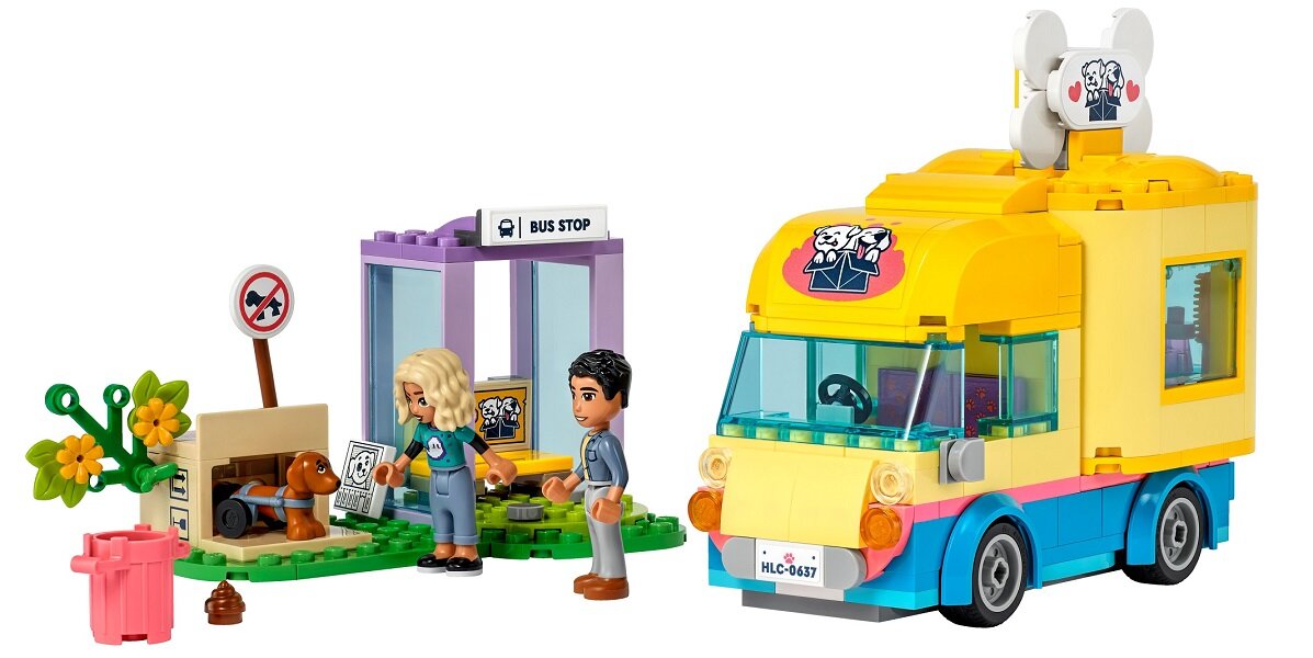 LEGO Friends Furgonetka ratunkowa dla psów 41741 dziecko kreatywność zabawa nauka rozwój klocki figurki minifigurki jakość tradycja konstrukcja nauka wyobraźnia role jakość bezpieczeństwo wyobraźnia budowanie pasja hobby funkcje instrukcje pies stół szczota mydło śmietnik kupa woda jedzenie