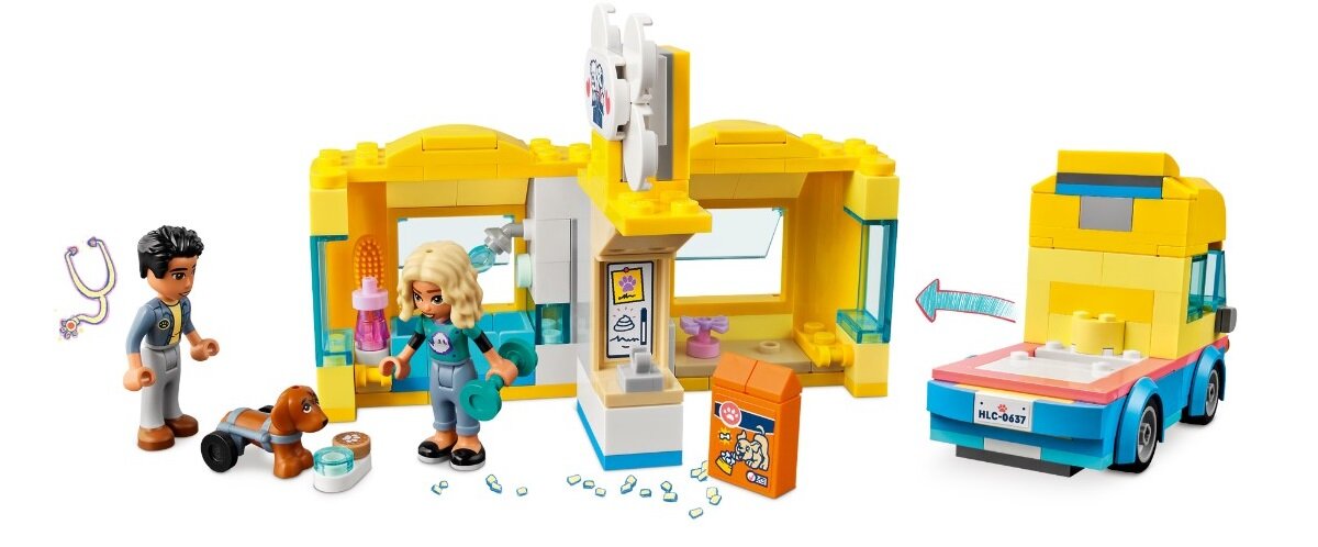 LEGO Friends Furgonetka ratunkowa dla psów 41741 dziecko kreatywność zabawa nauka rozwój klocki figurki minifigurki jakość tradycja konstrukcja nauka wyobraźnia role jakość bezpieczeństwo wyobraźnia budowanie pasja hobby funkcje instrukcje pies stół szczota mydło śmietnik kupa woda jedzenie
