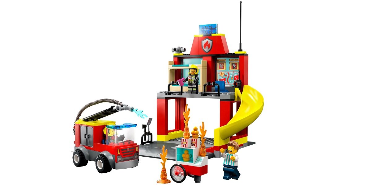 LEGO City Remiza strażacka i wóz strażacki 60375 dziecko kreatywność zabawa nauka rozwój klocki figurki minifigurki jakość tradycja konstrukcja nauka wyobraźnia role jakość bezpieczeństwo wyobraźnia budowanie pasja hobby funkcje instrukcje remiza strażak pożar akcja