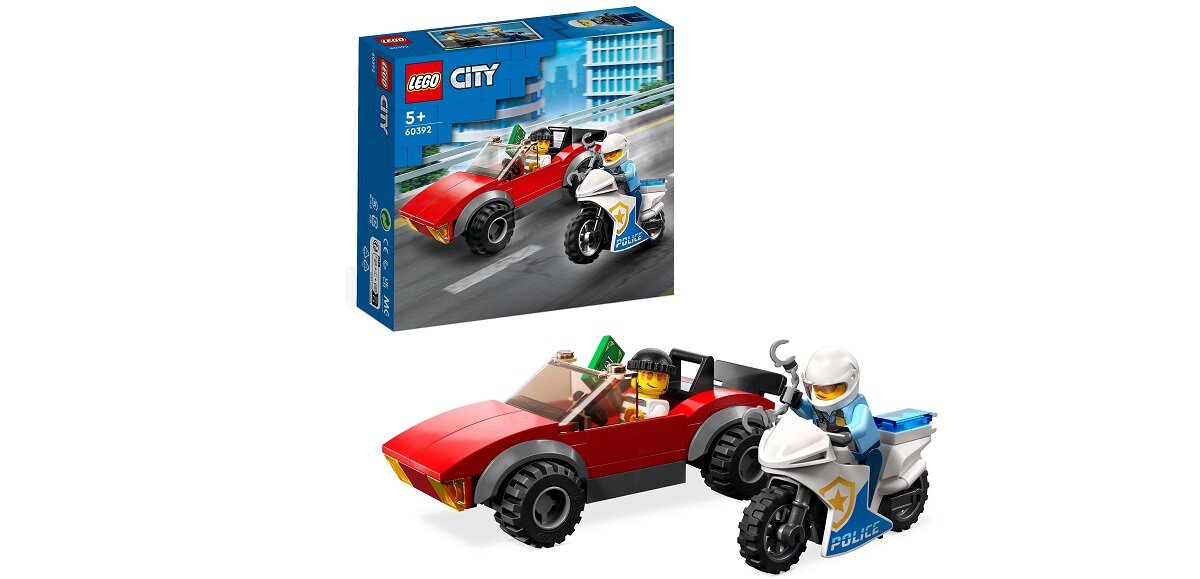 LEGO City Motocykl policyjny – pościg za samochodem 60392 dziecko kreatywność zabawa nauka rozwój klocki figurki minifigurki jakość tradycja konstrukcja nauka wyobraźnia role jakość bezpieczeństwo wyobraźnia budowanie pasja hobby funkcje instrukcja aplikacja LEGO Builder