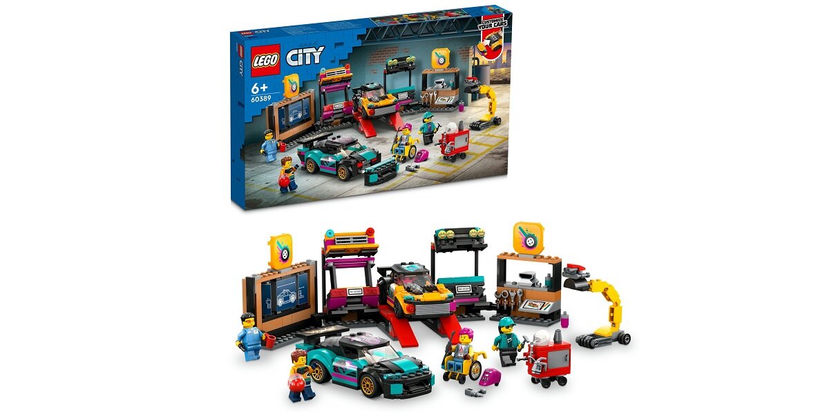 LEGO City Warsztat tuningowania samochodów 60389 dziecko kreatywność zabawa nauka rozwój klocki figurki minifigurki jakość tradycja konstrukcja nauka wyobraźnia role jakość bezpieczeństwo wyobraźnia budowanie pasja hobby funkcje instrukcje tuning samochody silnik moduły