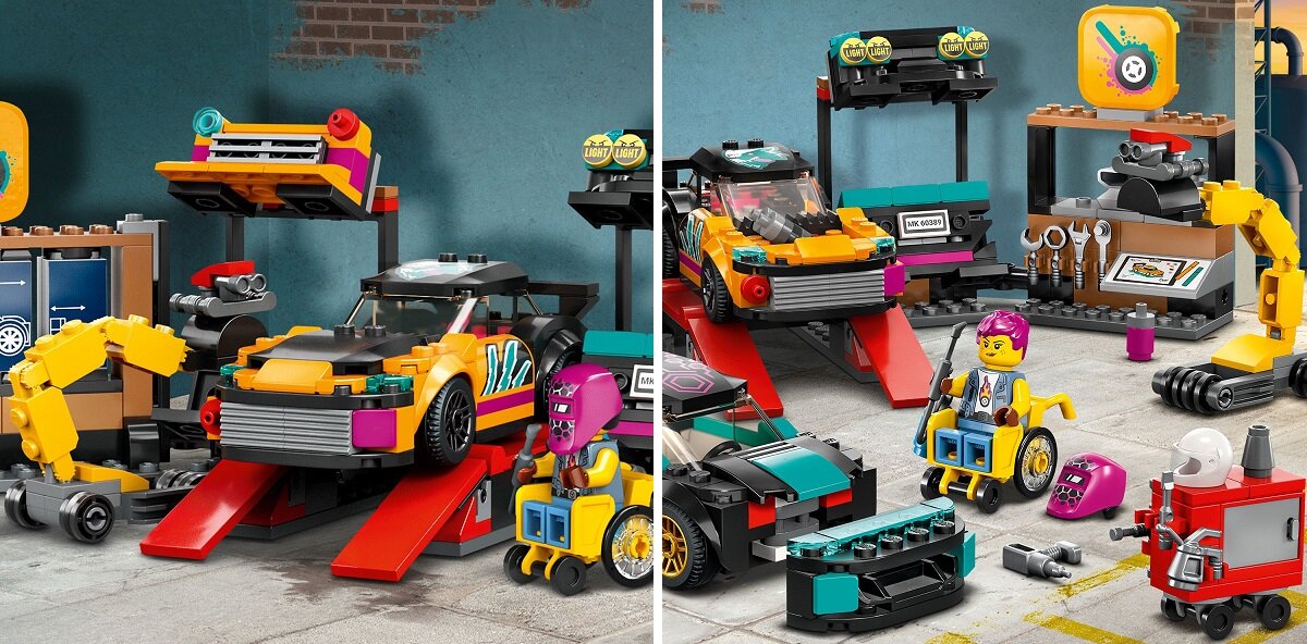 LEGO City Warsztat tuningowania samochodów 60389 dziecko kreatywność zabawa nauka rozwój klocki figurki minifigurki jakość tradycja konstrukcja nauka wyobraźnia role jakość bezpieczeństwo wyobraźnia budowanie pasja hobby funkcje instrukcje tuning samochody silnik moduły