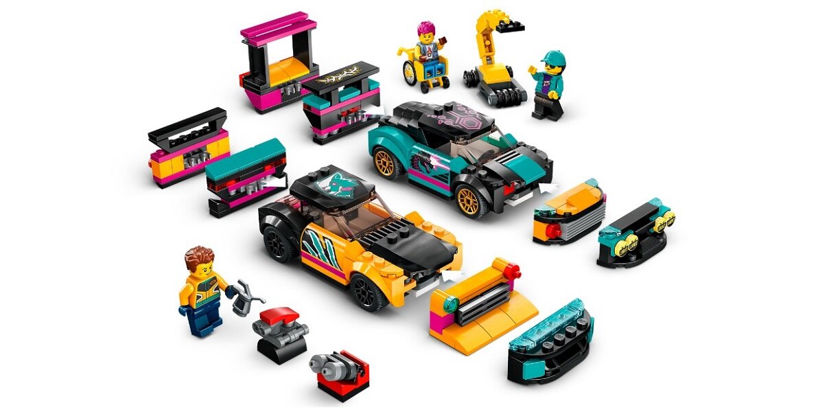 LEGO City Warsztat tuningowania samochodów 60389 dziecko kreatywność zabawa nauka rozwój klocki figurki minifigurki jakość tradycja konstrukcja nauka wyobraźnia role jakość bezpieczeństwo wyobraźnia budowanie pasja hobby funkcje instrukcje tuning samochody silnik moduły
