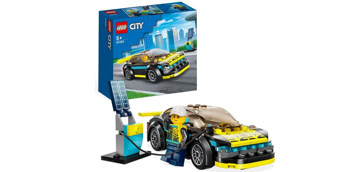 LEGO City Elektryczny samochód sportowy 60383 dziecko kreatywność zabawa nauka rozwój klocki figurki minifigurki jakość tradycja konstrukcja nauka wyobraźnia role jakość bezpieczeństwo wyobraźnia budowanie pasja hobby funkcje instrukcja felgi spojler aplikacja LEGO Builder