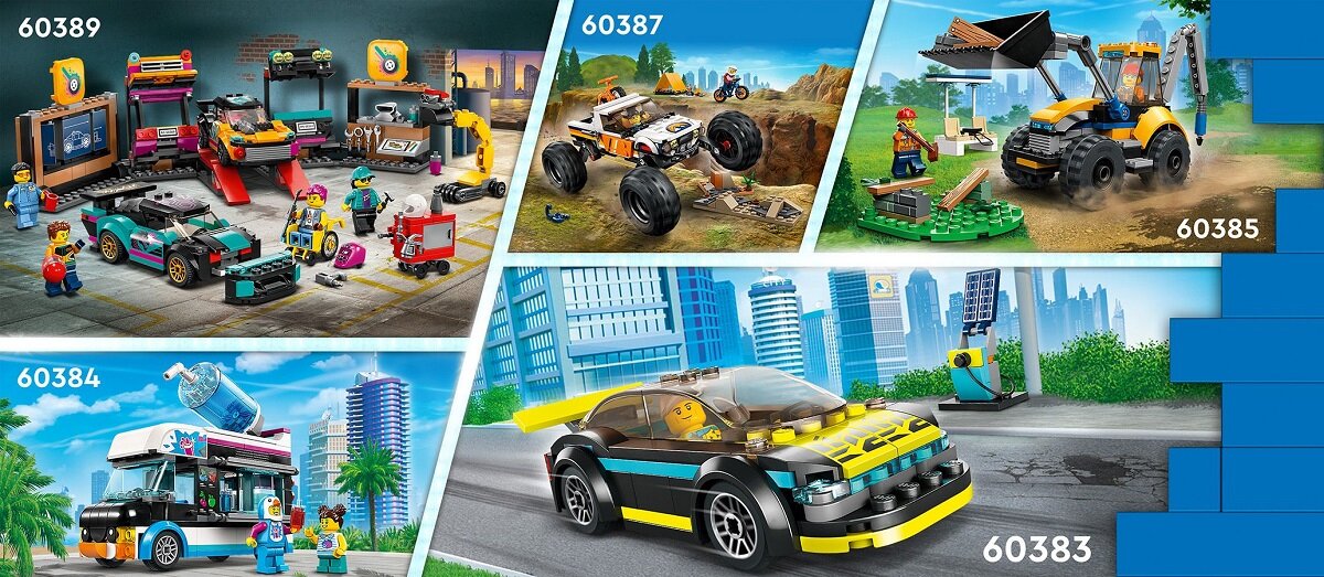 LEGO City Elektryczny samochód sportowy 60383 dziecko kreatywność zabawa nauka rozwój klocki figurki minifigurki jakość tradycja konstrukcja nauka wyobraźnia role jakość bezpieczeństwo wyobraźnia budowanie pasja hobby funkcje instrukcja felgi spojler aplikacja LEGO Builder