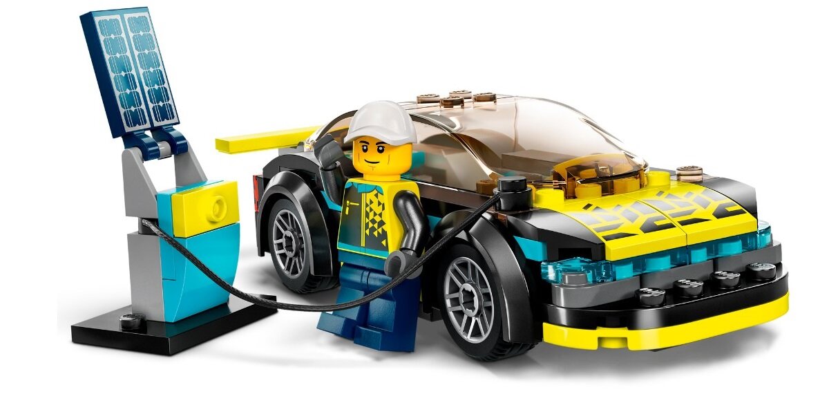 LEGO City Elektryczny samochód sportowy 60383 dziecko kreatywność zabawa nauka rozwój klocki figurki minifigurki jakość tradycja konstrukcja nauka wyobraźnia role jakość bezpieczeństwo wyobraźnia budowanie pasja hobby funkcje instrukcja felgi spojler aplikacja LEGO Builder