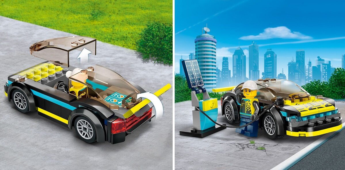 LEGO City Elektryczny samochód sportowy 60383 dziecko kreatywność zabawa nauka rozwój klocki figurki minifigurki jakość tradycja konstrukcja nauka wyobraźnia role jakość bezpieczeństwo wyobraźnia budowanie pasja hobby funkcje instrukcja felgi spojler aplikacja LEGO Builder