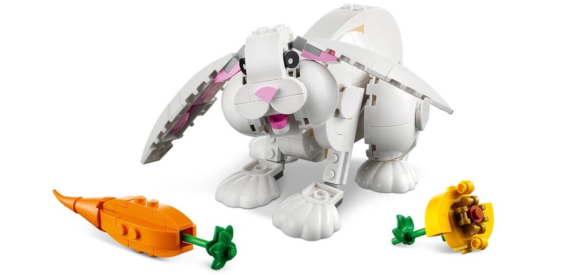 LEGO Creator 3 w 1 Biały królik 31133 dziecko kreatywność zabawa nauka rozwój klocki figurki minifigurki jakość tradycja konstrukcja nauka wyobraźnia role jakość bezpieczeństwo wyobraźnia budowanie pasja hobby funkcje instrukcje papuga foka