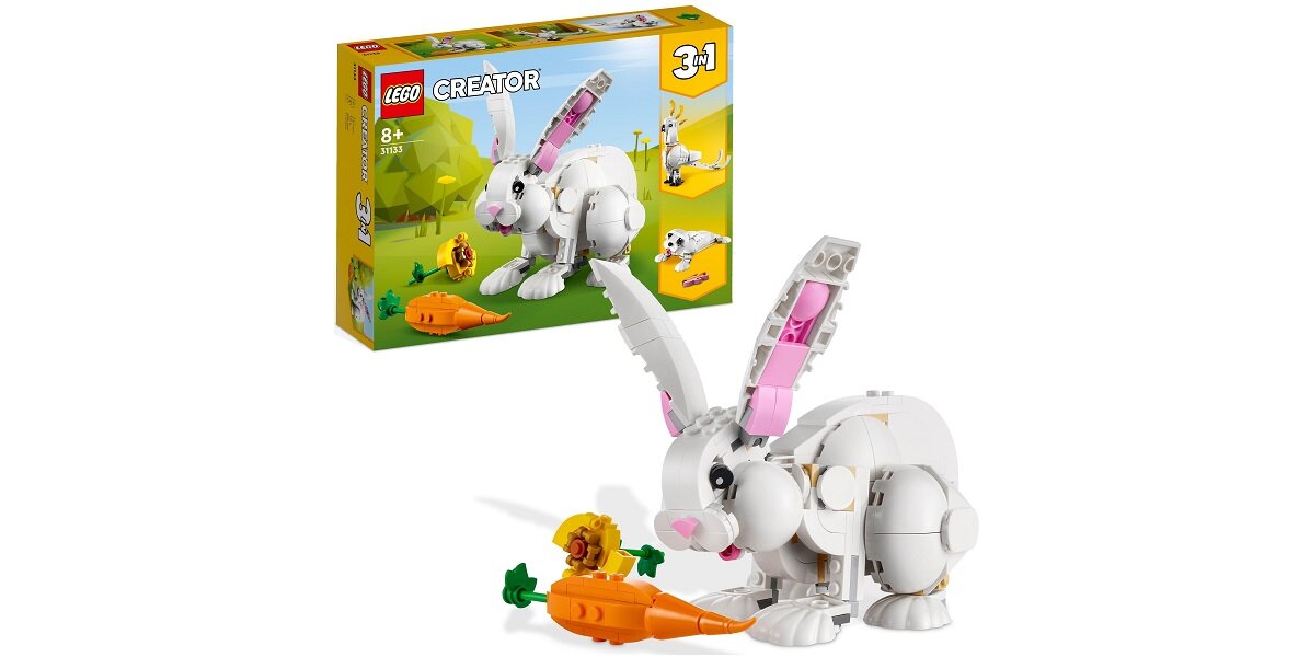 LEGO Creator 3 w 1 Biały królik 31133 dziecko kreatywność zabawa nauka rozwój klocki figurki minifigurki jakość tradycja konstrukcja nauka wyobraźnia role jakość bezpieczeństwo wyobraźnia budowanie pasja hobby funkcje instrukcje papuga foka