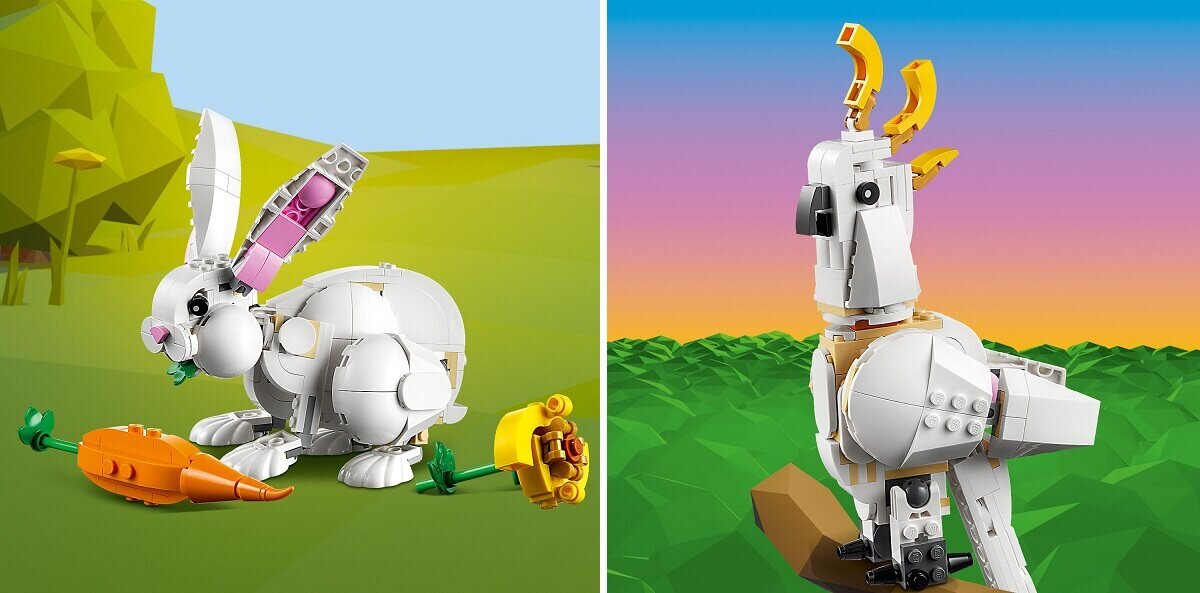 LEGO Creator 3 w 1 Biały królik 31133 dziecko kreatywność zabawa nauka rozwój klocki figurki minifigurki jakość tradycja konstrukcja nauka wyobraźnia role jakość bezpieczeństwo wyobraźnia budowanie pasja hobby funkcje instrukcje papuga foka