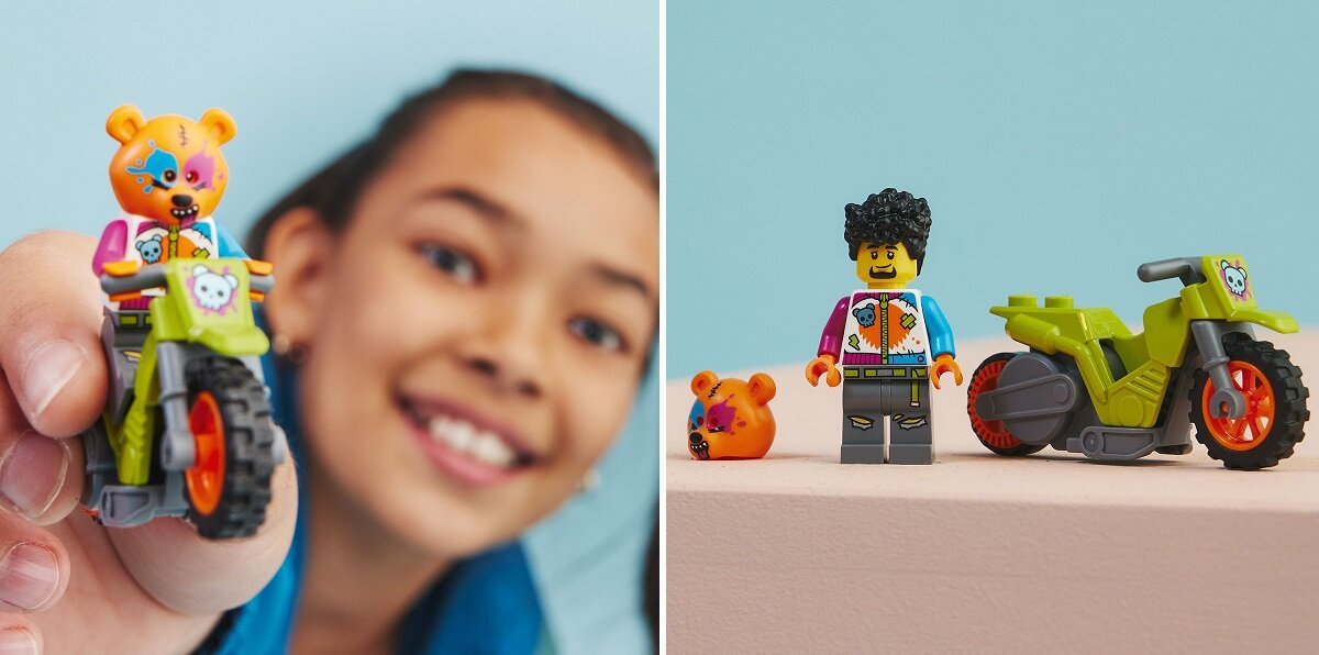 LEGO City Motocykl kaskaderski z niedźwiedziem 60356 dziecko kreatywność zabawa nauka rozwój klocki figurki minifigurki jakość tradycja konstrukcja nauka wyobraźnia role jakość bezpieczeństwo wyobraźnia budowanie pasja hobby funkcje instrukcja aplikacja LEGO Builder