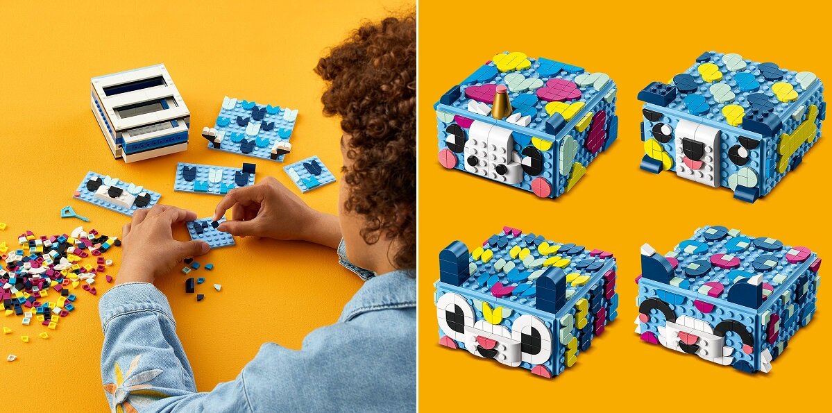 LEGO DOTS Kreatywny zwierzak — szuflada 41805 dziecko kreatywność zabawa nauka rozwój klocki figurki minifigurki jakość tradycja konstrukcja nauka wyobraźnia role jakość bezpieczeństwo wyobraźnia budowanie pasja hobby funkcje instrukcja aplikacja LEGO Builder