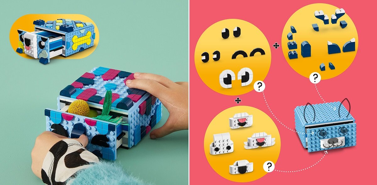 LEGO DOTS Kreatywny zwierzak — szuflada 41805 dziecko kreatywność zabawa nauka rozwój klocki figurki minifigurki jakość tradycja konstrukcja nauka wyobraźnia role jakość bezpieczeństwo wyobraźnia budowanie pasja hobby funkcje instrukcja aplikacja LEGO Builder