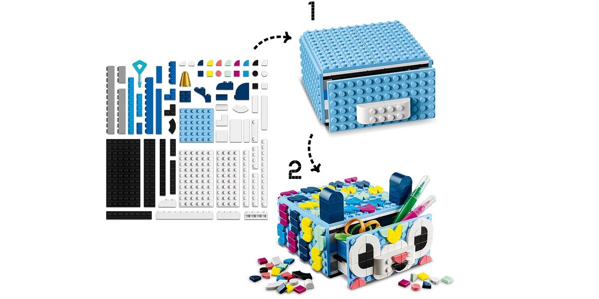 LEGO DOTS Kreatywny zwierzak — szuflada 41805 dziecko kreatywność zabawa nauka rozwój klocki figurki minifigurki jakość tradycja konstrukcja nauka wyobraźnia role jakość bezpieczeństwo wyobraźnia budowanie pasja hobby funkcje instrukcja aplikacja LEGO Builder